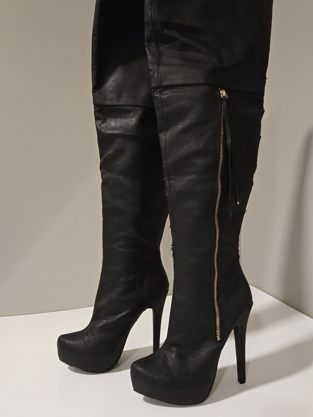 Ballantine Black Over-the-Knee Platform Stiletto Boots with Gold Zip